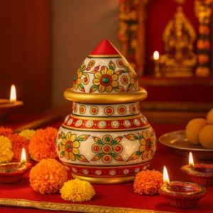 Handcrafted Marble Kalash with Floral Meenakari Art