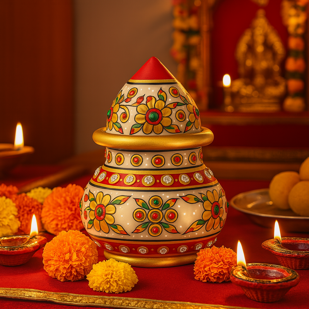 handcrafted marble kalash with floral meenakari art