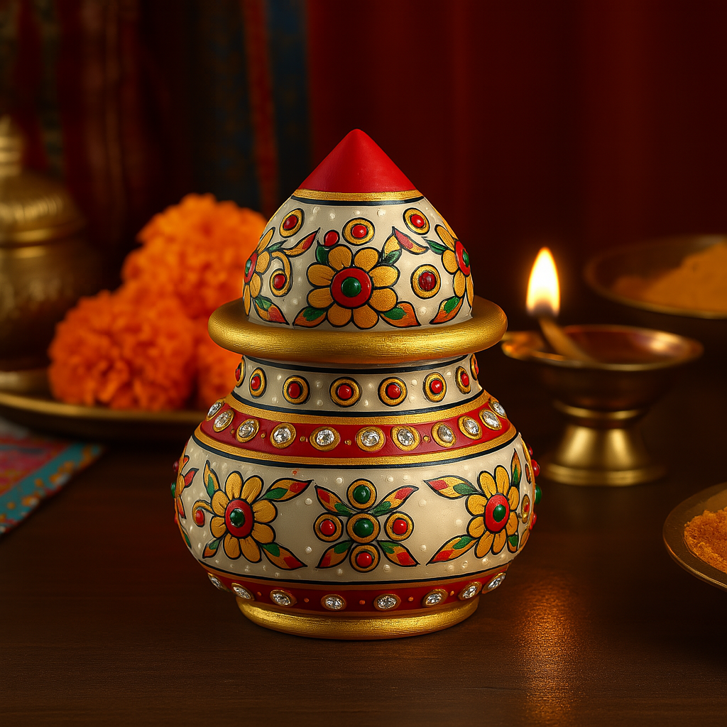 handcrafted marble kalash with floral meenakari art