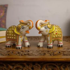 Handcrafted Marble Elephant Pair Showpiece | Decorative Rajasthani Painted Elephants | Marble Animal Figurines for Home Decor, Gift & Vastu Use – 9x5x8 cm – Set of 2