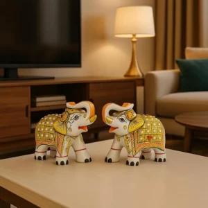 Handcrafted Marble Elephant Pair Showpiece | Decorative Rajasthani Painted Elephants | Marble Animal Figurines for Home Decor, Gift & Vastu Use – 7x4x7 cm – Set of 2