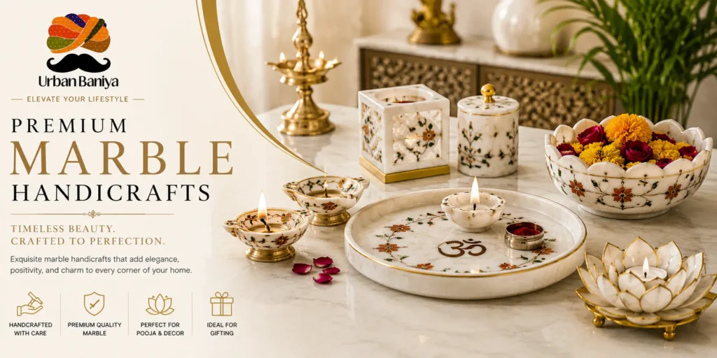 Premium marble handicrafts by Urban Baniya featuring marble pooja thali, marble diyas, decorative bowls and handcrafted home décor items for elegant living spaces.