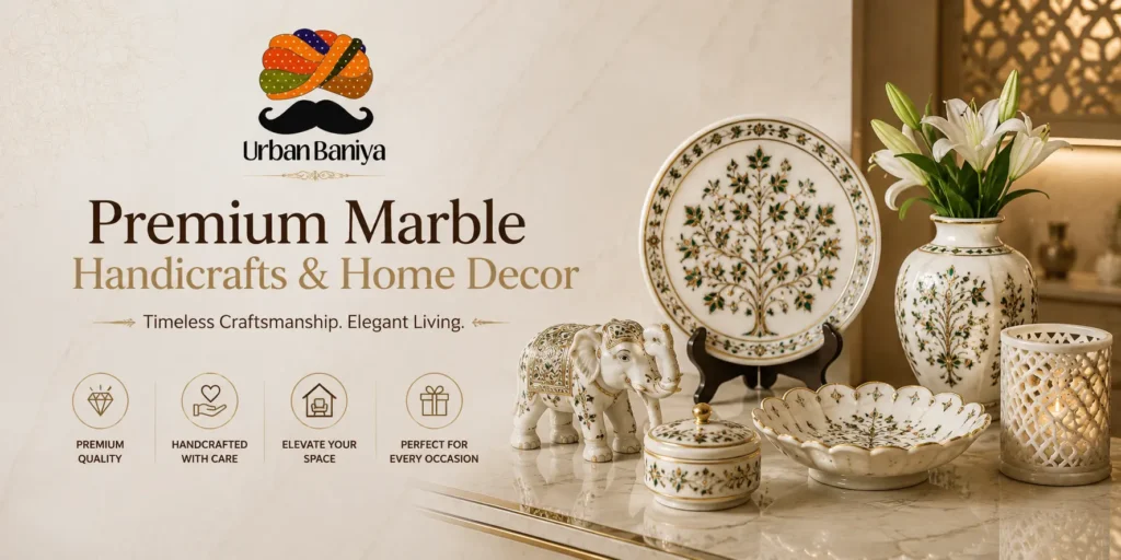 Premium marble handicrafts and luxury home decor products by Urban Baniya displayed elegantly